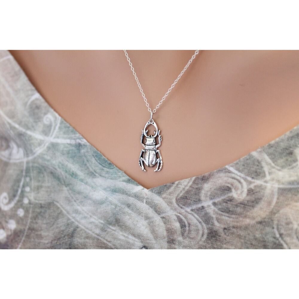 Sterling Silver Stag Beetle Charm - Bug Necklace, Silver Stag Beetle Necklace